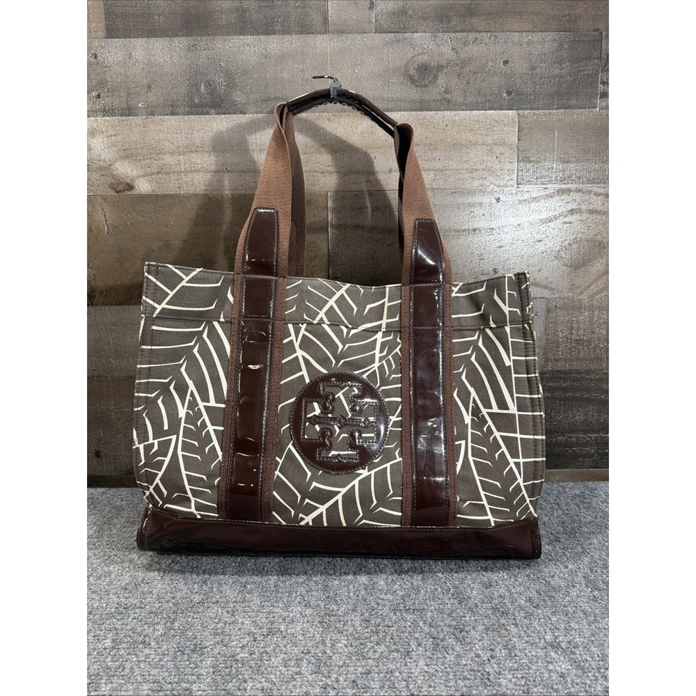 Tory Burch Tote Bag Purse Shoulder Bag Brown Jungle Print Canvas